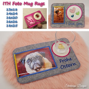 May include: A gray felt mug rug with a photo frame, a cup holder, and embroidered text. The photo frame has a picture of a pug dog. The cup holder has a small embroidered chick. The text says "Frohe Ostern" which is German for "Happy Easter".