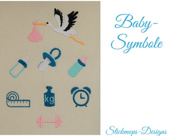 Baby Symbole Stickdatei Set Geburt Geschenk Uhr Massband Storch Schnuller Hantel Flasche