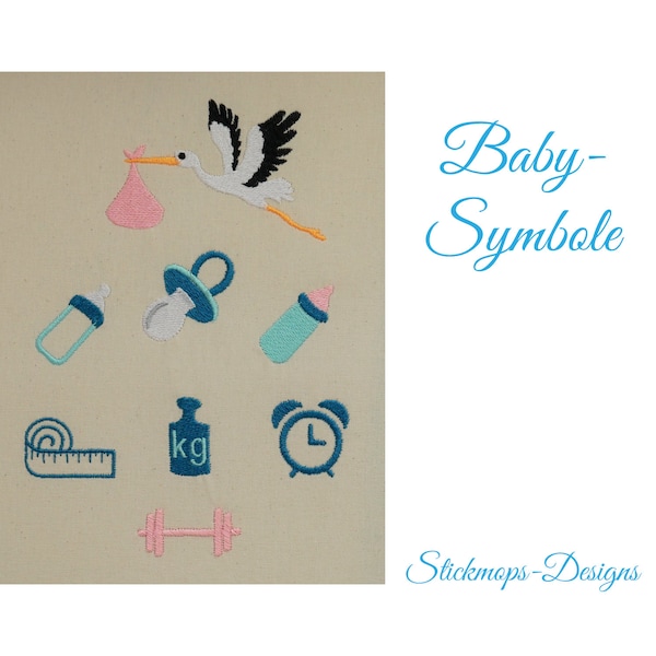 Baby Symbole Stickdatei Set Geburt Geschenk Uhr Massband Storch Schnuller Hantel Flasche