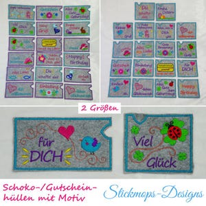 Puede incluir: Un conjunto de dos tamaños de porta tarjetas de regalo de fieltro con varios diseños bordados. Los diseños incluyen corazones, pájaros, mariquitas, flores y texto como "Happy Birthday", "Viel Glück" y "Für Dich".