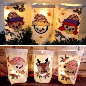 Embroidery file set ITH light bag Christmas Faces In The Hoop suitable for LED lights with snowman, elf, fawn, penguin and bear