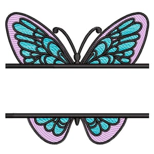 Könnte beinhalten: Ein geteiltes Monogramm-Design mit einem blauen und violetten Schmetterling mit schwarzen Umrissen. Der Schmetterling ist in der Mitte geteilt, mit Platz für Text.