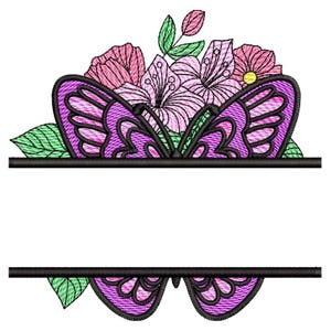 Könnte beinhalten: Ein geteiltes Monogramm-Design mit einem lila Schmetterling mit rosa Blumen und grünen Blättern. Der Schmetterling ist in zwei Hälften geteilt, mit einem leeren Raum in der Mitte für einen Namen oder Initialen.
