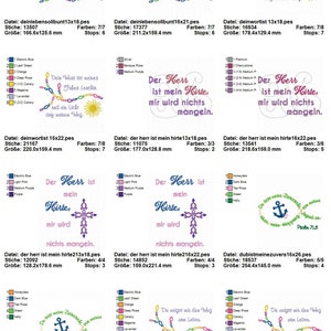 Peut inclure: Une collection de motifs de broderie pr&eacute;sentant diverses citations religieuses et inspirantes. Les motifs comprennent une croix, une ancre et un soleil avec le texte "Dein Wort ist meines Fu&szlig;es Leuchte" et "Der Herr ist mein Hirte, mir wird nichts mangeln."