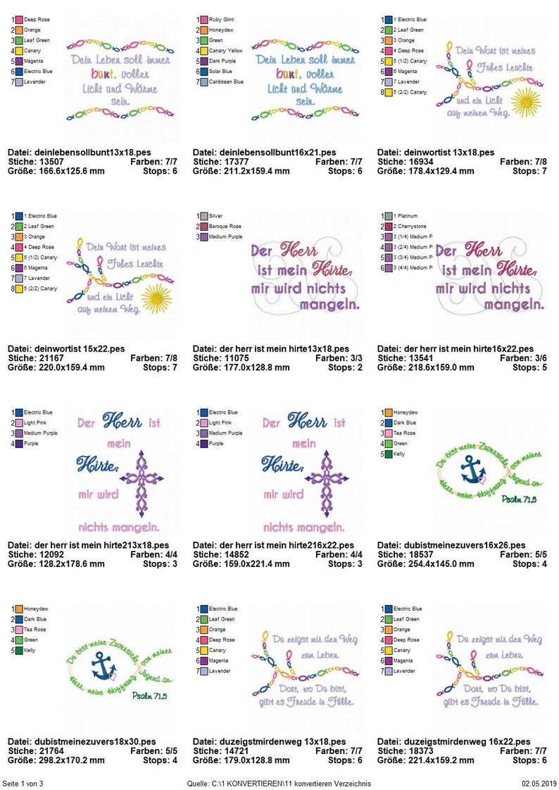 Peut inclure: Une collection de motifs de broderie pr&eacute;sentant diverses citations religieuses et inspirantes. Les motifs comprennent une croix, une ancre et un soleil avec le texte "Dein Wort ist meines Fu&szlig;es Leuchte" et "Der Herr ist mein Hirte, mir wird nichts mangeln."