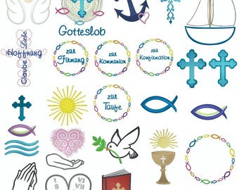 Ensemble de broderies : symboles chrétiens – Croix, Bible, colombe et plus encore | Baptême, communion, mariage, confirmation, religion | Bateau, Dix commandements, louanges à Dieu