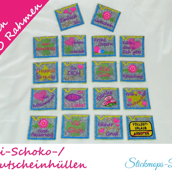 Quadratische ITH Mini Schokohüllen oder Gutscheinhüllen Stickdatei Set in 1 Größe 10x10 Rahmen