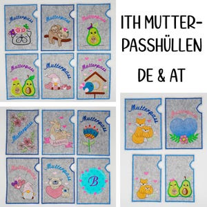 Könnte beinhalten: Ein Set mit 12 Filz-Passhüllen mit verschiedenen Stickmotiven, darunter Tiere, Blumen und geometrische Formen. Der Text "ITH MUTTER-PASSHÜLLEN DE & AT" ist auf weißem Hintergrund gedruckt.