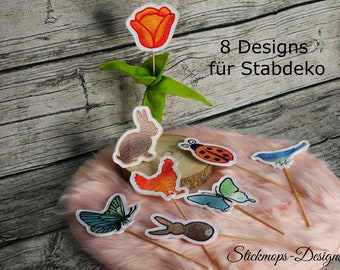 Stickdatei Set ITH Frühlingsstabdesigns - Stabdateien für Hasen, Schmetterlinge, Vogel, Marienkäfer und Tulpe als ITH Datei