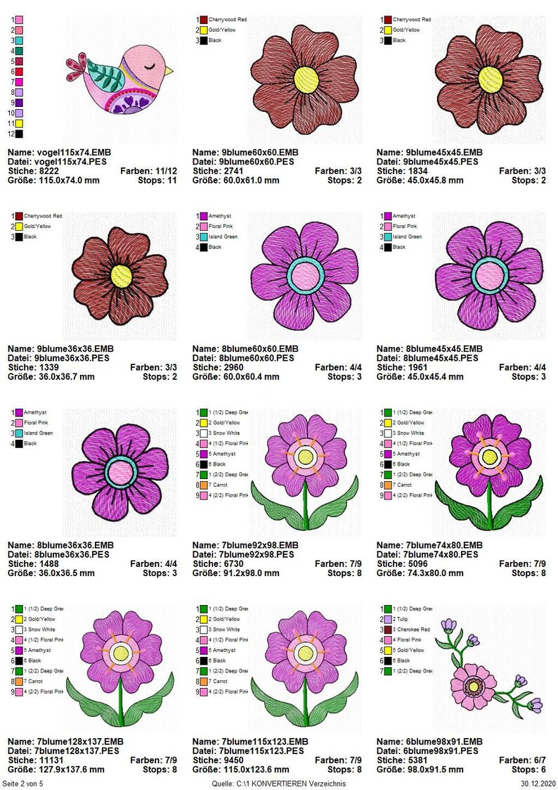 Gr\u00f6\u00dfen Stickdatei Set Folksy Flowers Blumen mit Vogel Florale verspielte Motive