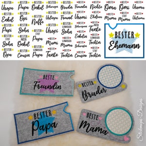 May include: A collection of felt patches with embroidered designs featuring the words "Best" and various family member titles, such as "Papa", "Mama", "Brother", and "Friend". The patches are in various colors, including gray, blue, pink, and green.