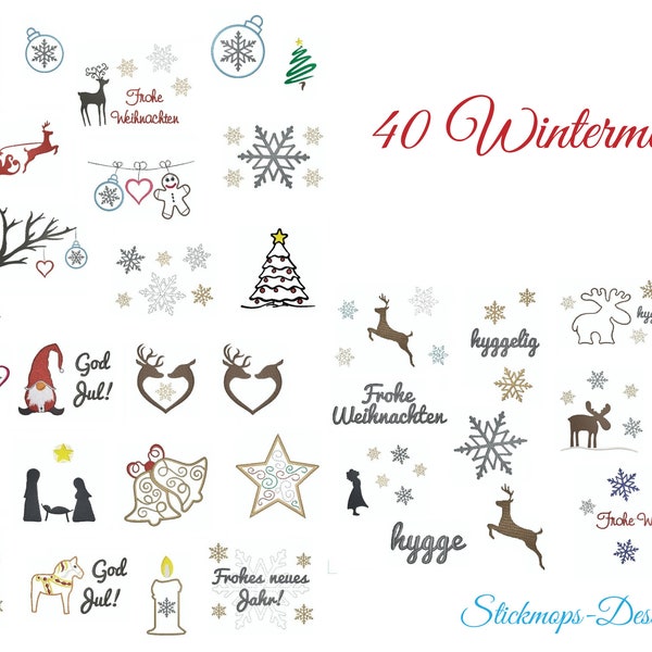 40 winter motifs embroidery file set including gingerbread man, gnome, star, snowflake, deer, candle, bell, hygge, Merry Christmas