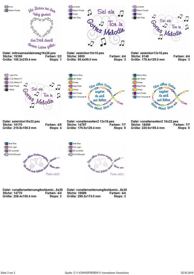 Peut inclure: Un ensemble de 10 motifs de broderie repr&eacute;sentant des c&oelig;urs, des notes de musique et le texte "Sei ein Ton in Gottes Melodie" dans diff&eacute;rentes couleurs. Les motifs mesurent environ 16x22 cm.