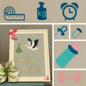 Baby Symbols Embroidery Files – 8 Designs for Birth | Machine Embroidery | Pacifier, Tape Measure, Weight, Bottle & Stork