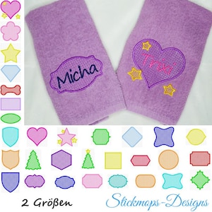 Puede incluir: Dos toallas moradas con los nombres bordados "Micha" y "Trixi" en forma de corazón. Las toallas están rodeadas de una variedad de diseños de bordado coloridos, incluyendo corazones, estrellas, diamantes, huesos y rectángulos. El texto "2 Größen" y "Stickmops-Designs" también es visible.