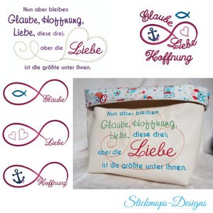 Könnte beinhalten: Stickerei mit dem Zitat "Nun aber bleiben Glaube, Hoffnung, Liebe, diese drei; aber die Liebe ist die größte unter ihnen." mit einem Unendlichkeitszeichen und verschiedenen Symbolen, die Glaube, Hoffnung und Liebe repräsentieren.