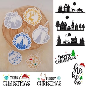 Könnte beinhalten: Ein Set mit 10 Weihnachts-Stickmotiven mit Ornamenten, Häusern, Rentieren und Text. Die Motive beinhalten "Frohe Weihnachten", "Ho Ho Ho" und einen Weihnachtsbaum.