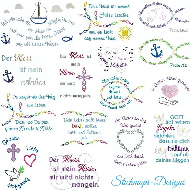 Peut inclure: Une feuille de broderie num&eacute;rique color&eacute;e avec divers citations et images religieuses. La feuille de conception pr&eacute;sente une croix, une ancre, une colombe, un c&oelig;ur, un poisson et un soleil. Le texte comprend des citations de la Bible, telles que "L'&Eacute;ternel est mon berger, je ne manquerai de rien." et "Dieu est mon refuge et ma force, un secours qui ne manque jamais dans la d&eacute;tresse."