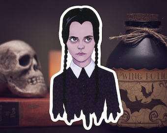 Wednesday Addams Sticker, Addams Family Sticker - Vinyl Sticker - Halloween Sticker - Spooky Sticker (3" x 1.8")