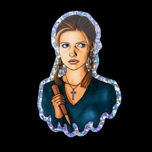 Buffy Summers sticker with glitter border and details. She is wearing a glittery cross and holding a wooden stake.