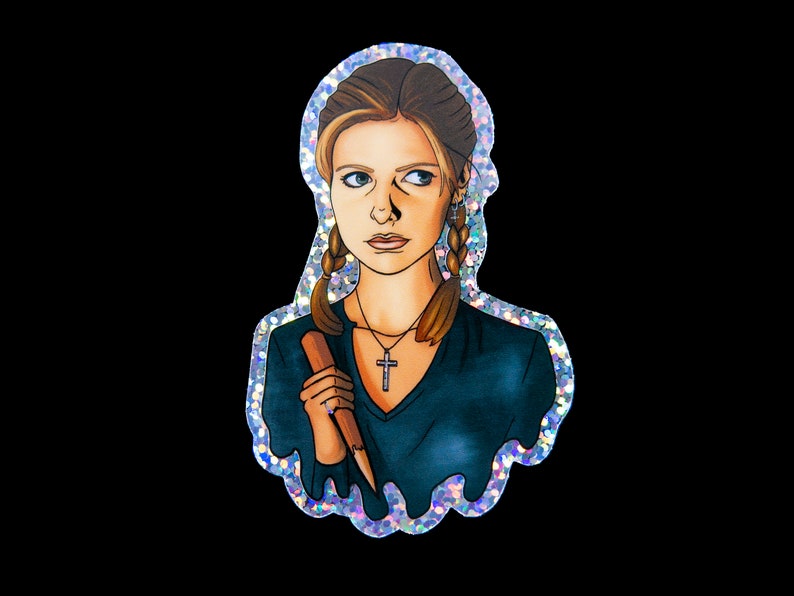 Buffy Summers sticker with glitter border and details. She is wearing a glittery cross and holding a wooden stake.