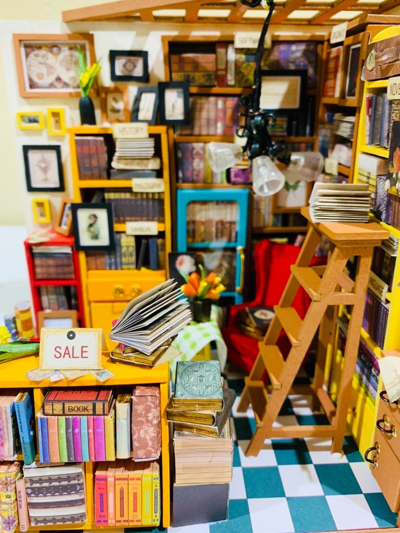 Miniature Bookstore Study Library DIY Dollhouse Kit Gift Etsy