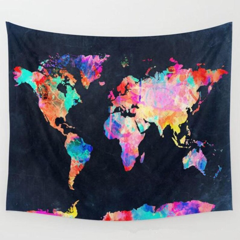 Colorful World Map Mystic Wall Art Bohemian Psychedelic Tapestry Tablecloth Bed Cover Curtain Backdrop Fabric