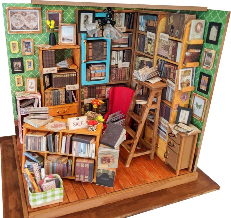 Miniature Bookstore Study Library DIY Dollhouse Kit Gift Etsy
