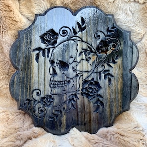 Wooden Engraved Skull Plaque With Roses