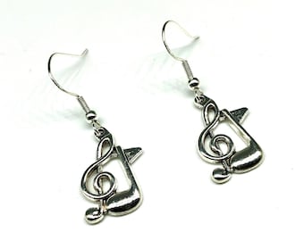 Treble Clef and Music Note Earrings, Music Jewelry, Music Earrings, Silver Charm Jewelry, Silver Earrings