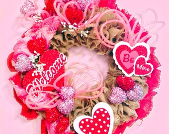 Valentines Day Wreath, Burlap Wreath, Welcome Wreath, Red and Pink Hearts Wreath, Home Decor Wreath