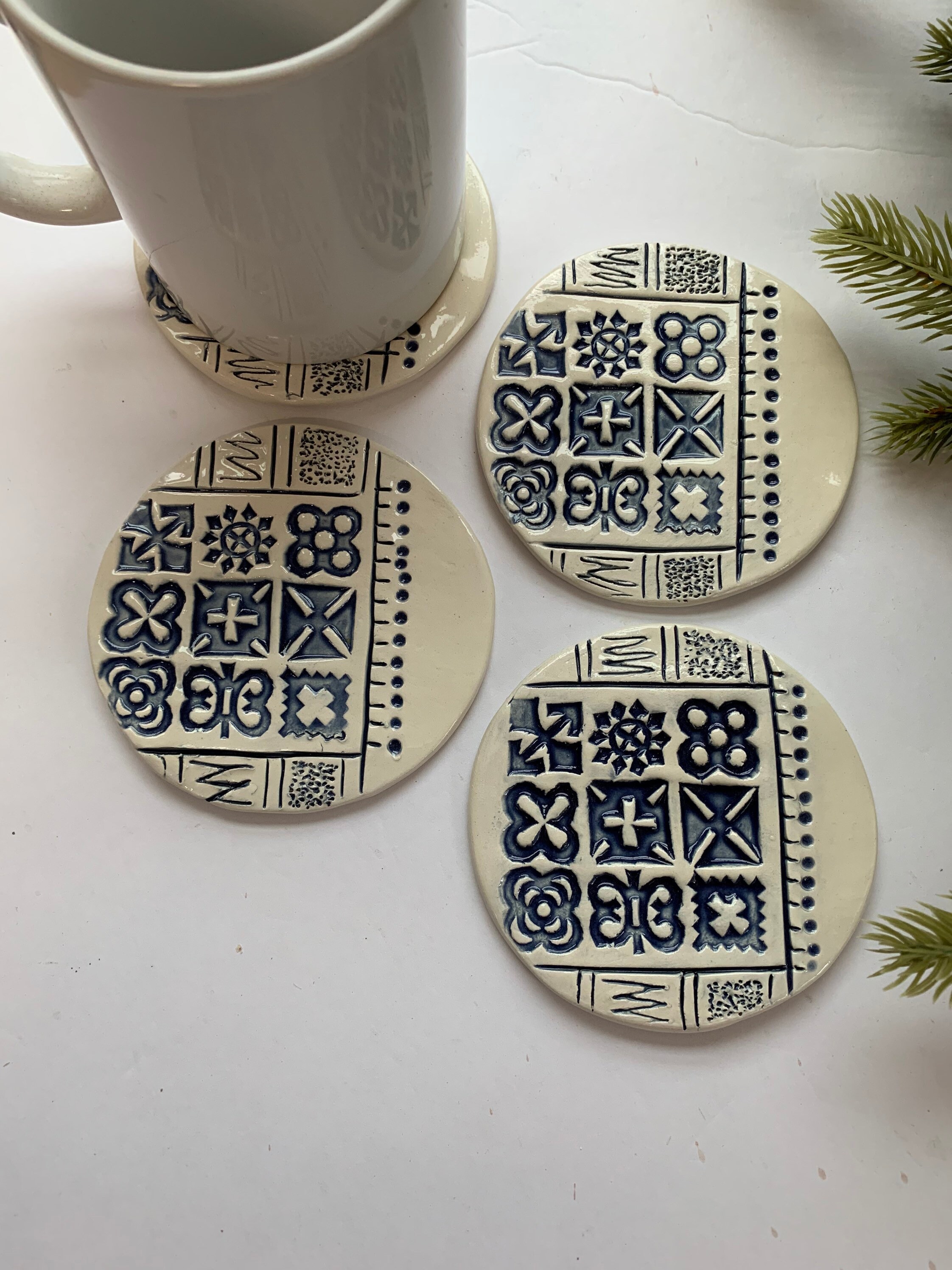 Blue and White Ceramic Coasters Design Coaster Pottery Etsy