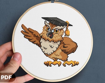 Wise Owl Cross Stitch Pattern, Instant PDF Download, Cute Animal, Bird, Graduation, Smart