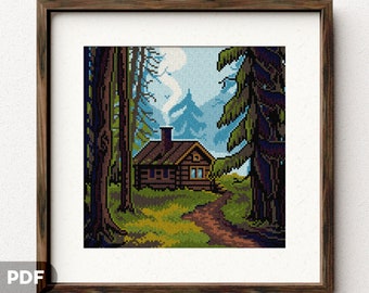 Log Cabin Modern Cross Stitch Pattern, Instant PDF Download, Woods, Lake, Forest, Evergreen