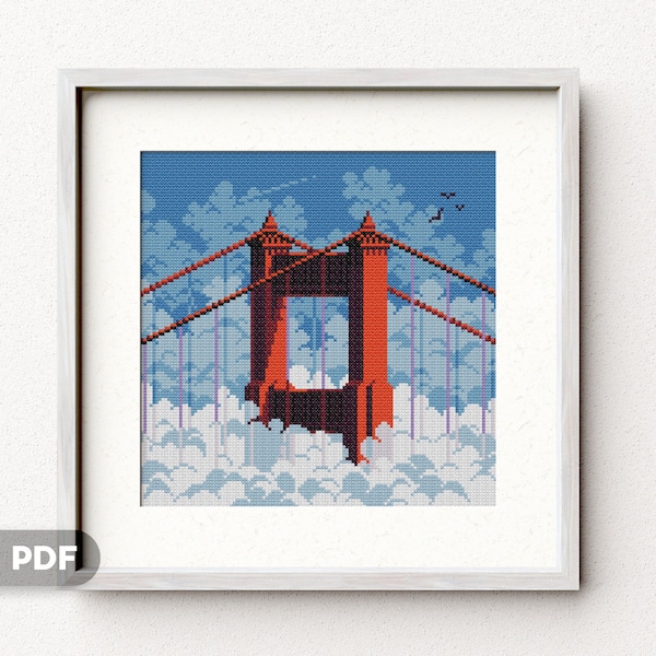 Golden Gate Bridge Modern Cross Stitch Pattern, San Francisco, Instant PDF Download, Fog, Clouds