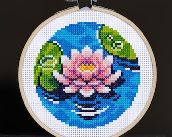 Water Lily Modern Cross Stitch Pattern, Instant PDF Download, Lotus Flower