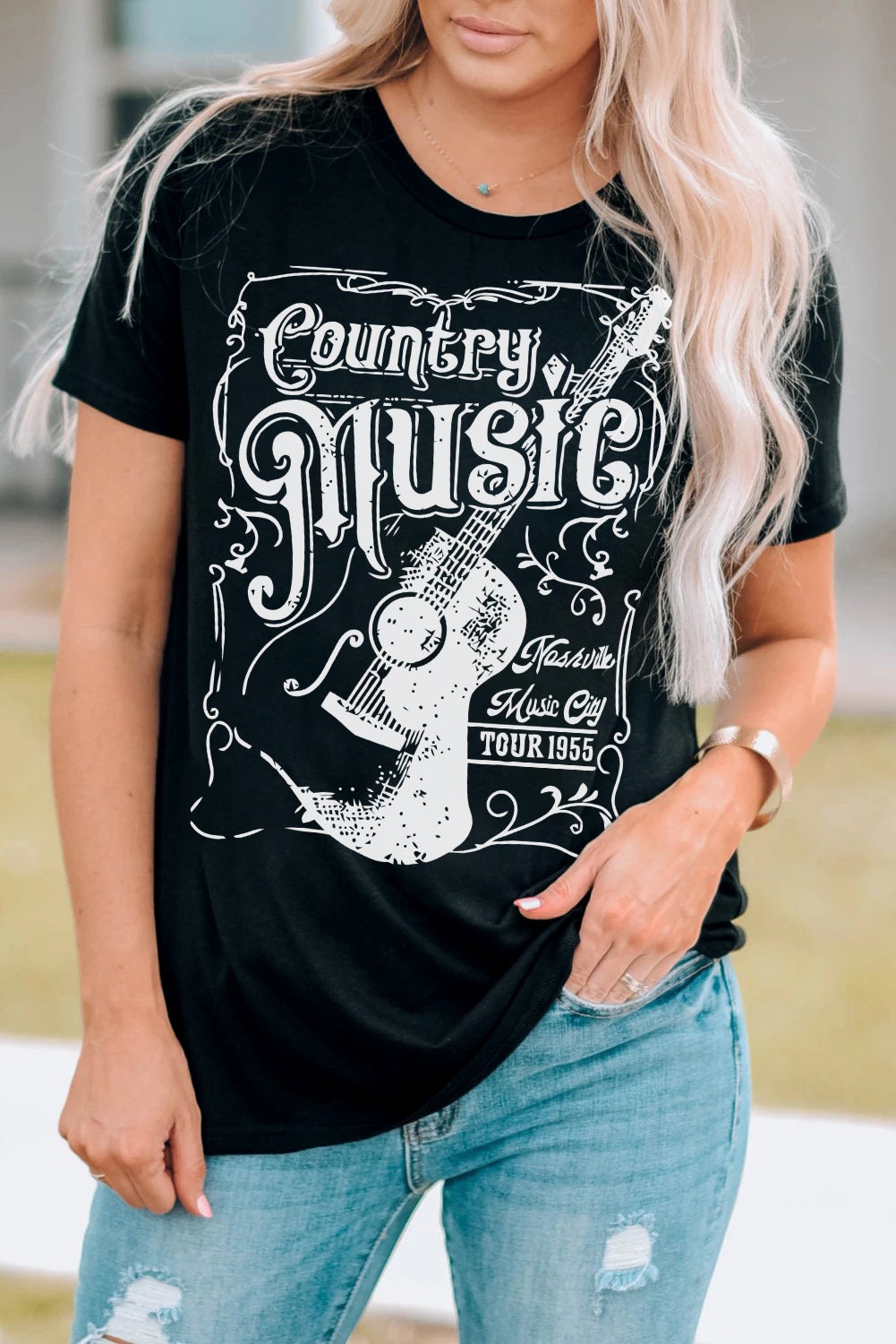 Black Country Music Guitar Print Short Sleeve Graphic Tee - Etsy