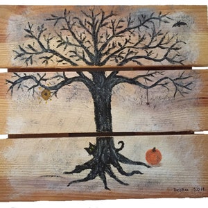 One of a kind - The&quot; Halloween Spooky Tree&quot; Painting on Pine Wood planks, Wall Art