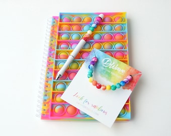 Silicone Pop It Gift Set (Rainbow Tie-Dye) | Notebook, Beaded Pen & Bracelet