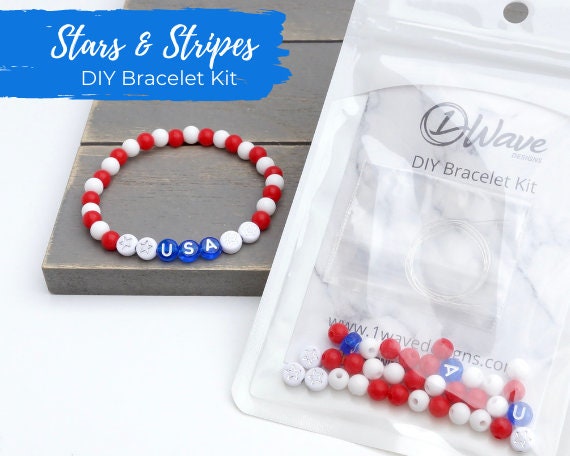 Stars & Stripes DIY Silicone Bracelet Kit Dark Blue Translucent Letter Beads  and Silicone Beads USA 4th of July Kids, Adults 