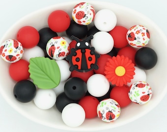 Ladybug Silicone Bead Mix | 25 Pack Craft Beads | 15mm/Focal Beads (2D & 3D)