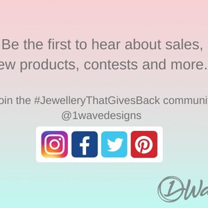 May include: Image with a gradient background, featuring text that reads "Be the first to hear about sales, new products, contests and more..." and social media icons for Instagram, Facebook, Twitter, and Pinterest.