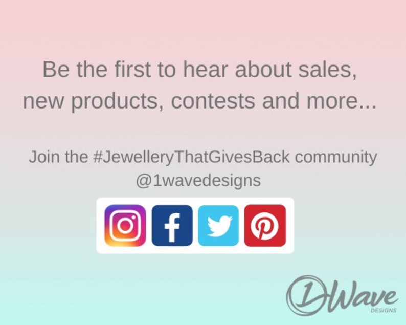 May include: Image with a gradient background, featuring text that reads "Be the first to hear about sales, new products, contests and more..." and social media icons for Instagram, Facebook, Twitter, and Pinterest.