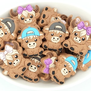 Bow & Cap Highland Cows *2 and 5 Bead Packs* | Silicone Focal Bead | Western Bead | Cow Bead | DIY craft projects