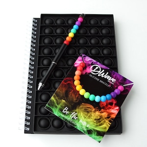 Silicone Pop It Gift Set (Black & Rainbow) | Notebook, Beaded Pen and Bracelet | Fidget | Sensory | Stress Relief | Supports Mental Health