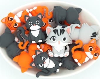 3D Cat Silicone Focal Beads | *2-Packs, Full Sets & Bead Mix* | Pen, Keychain and Craft Bead