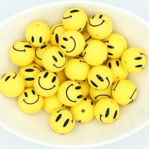 Smiley Face *5 Bead Pack* | Silicone Print Bead (Yellow) | 15 mm | DIY craft projects | non-toxic and washable beads