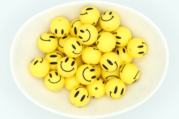 Smiley Face *5 Bead Pack* Silicone Print Bead (yellow) 15 Mm