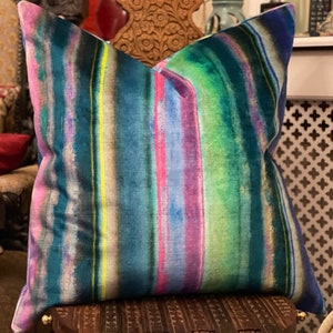 Designers Guild Fabric Severini Magenta Stripe Velvet, Blue, Green,  Pink Pillow Custom Made High End Luxury Interior Furnishings