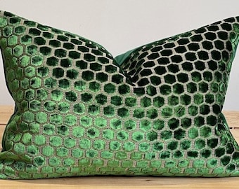 Op de afbeelding: Een groen fluwelen kussen met een honingraatpatroon. Het kussen is versierd met een subtiel gouden draad dat een reliëfdesign creëert.